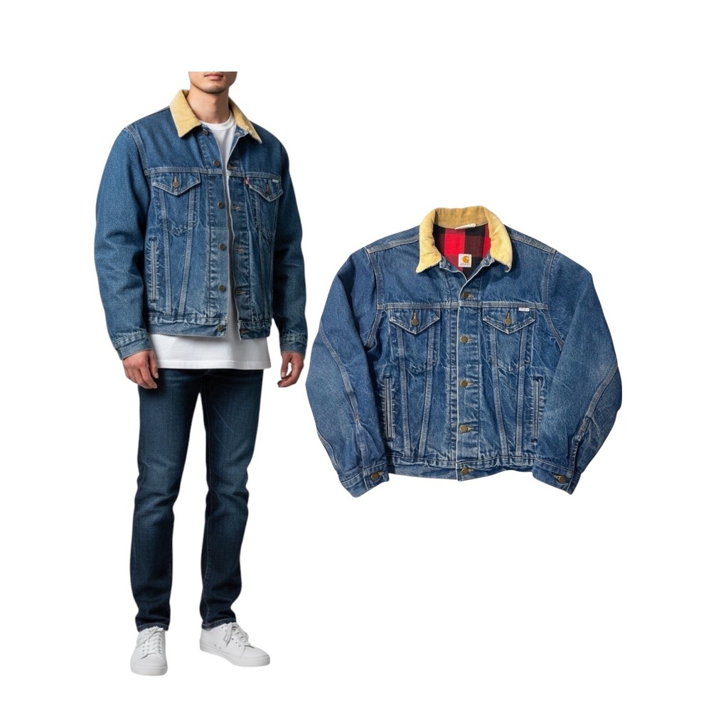 Carhartt Vintage Denim Jacket Corduroy Collar Red Buffalo Plaid Lining Medium‎